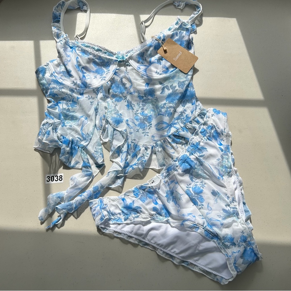 Samiol XL Light Blue Mesh Ruffled Printed Tankini Set